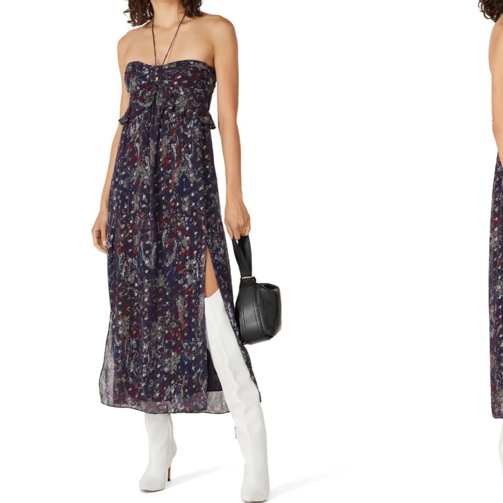 IRO paisley halter boho dress crepe double split skirt formal gown navy blue